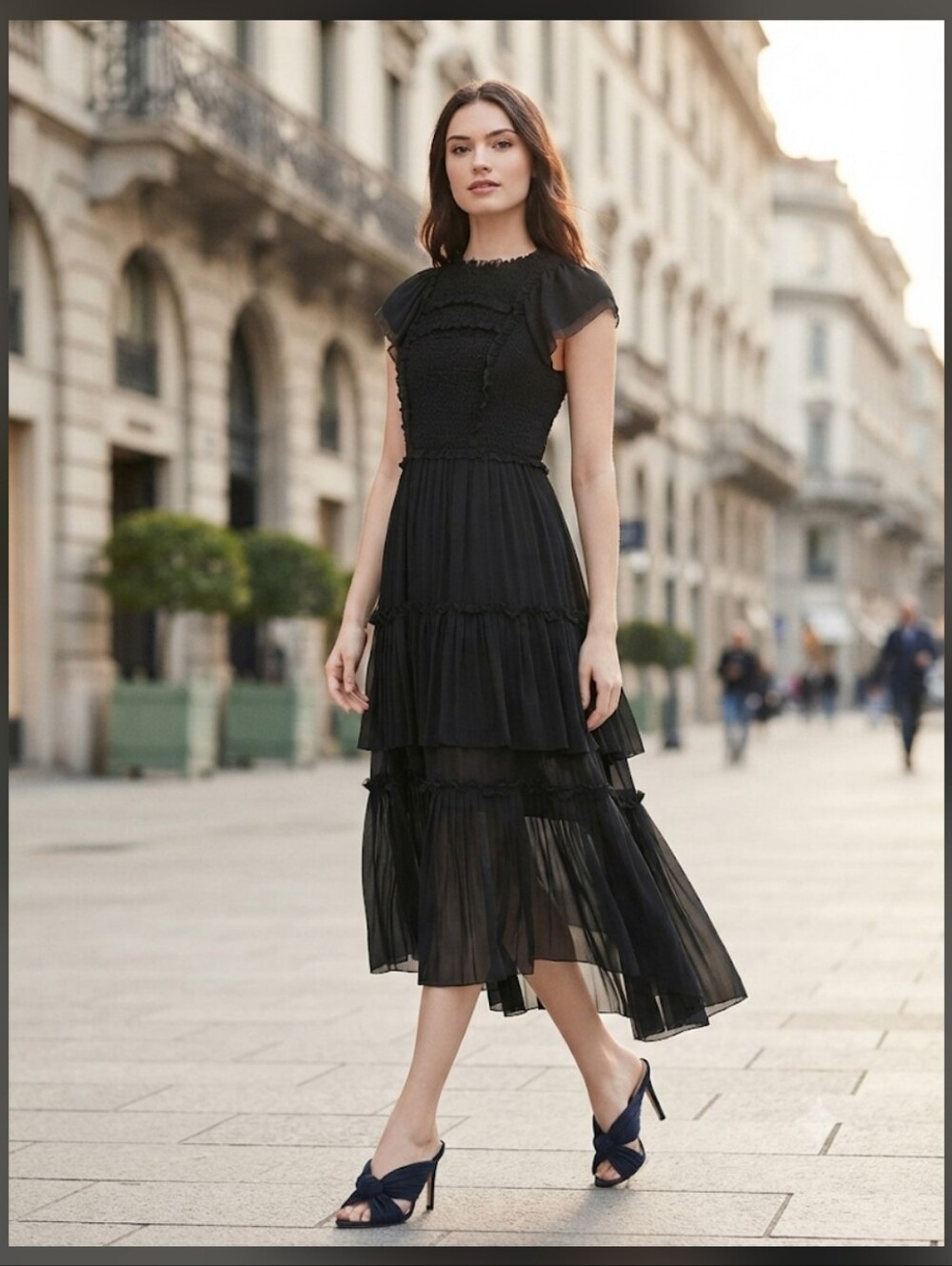 Elegant Black Tiered Midi Dress - Women's